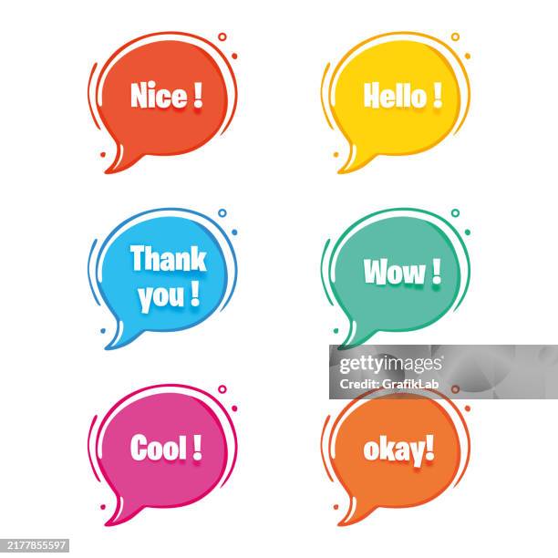 Speech Bubbles In Various Colors Containing Expressions Like Hello Nice ...