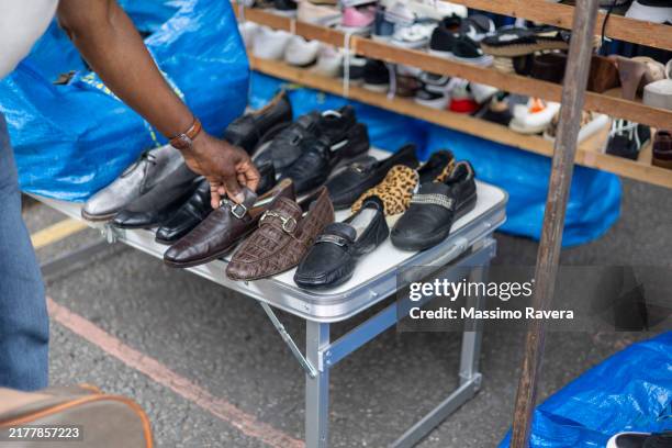 vintage shoes at the flea market - old shoe box stock pictures, royalty-free photos & images