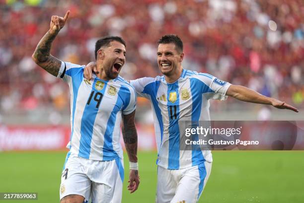 Nicolas Otamendi of Argentina celebrates with teammate Giovani Lo Celso after scoring the team's first goal during the FIFA World Cup 2026 South...