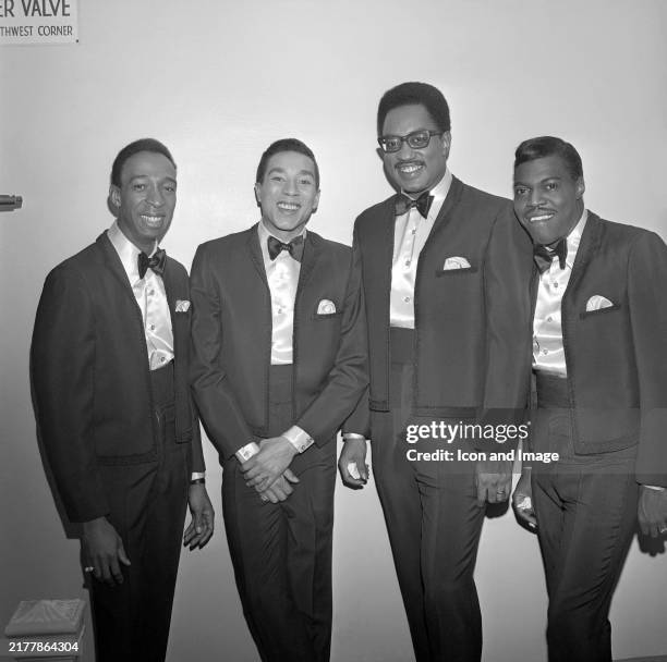 Ronnie White , Smokey Robinson, Bobby Rogers and Pete Moore , of the American vocal group Smokey Robinson & The Miracles, pose for a portrait...