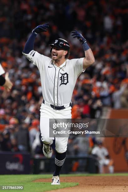 Zach McKinstry of the Detroit Tigers celebrates a solo home run during the fifth inning against the Cleveland Guardians during Game Four of the...