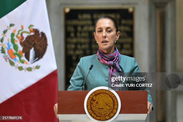 Mexican President Claudia Sheinbaum speaks during the High Level Summit between Mexican and US leaders and businessmen at the National Palace in...
