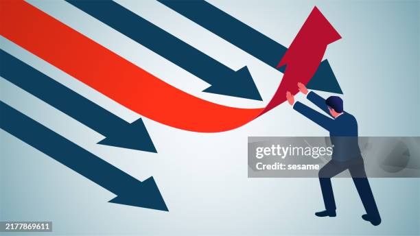 stockillustraties, clipart, cartoons en iconen met changing direction, winning competition and opportunities, innovative ideas, isometric traders push and change the direction of the arrows - hindernissen overkomen