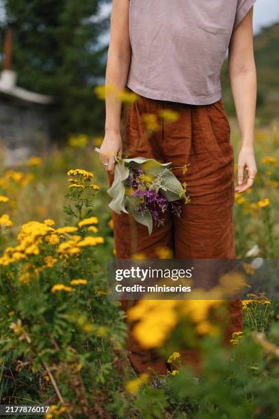 woman holding wildflowers in summer meadow amidst blooming nature - retreating stock pictures, royalty-free photos & images