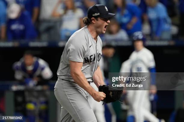 Gerrit Cole of the New York Yankees reacts during the seventh inning against the Kansas City Royals during Game Four of the Division Series at...