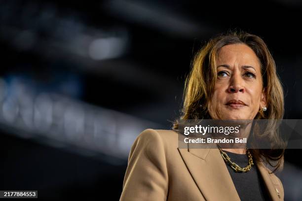 Democratic presidential nominee, Vice President Kamala Harris speaks during a campaign rally at the Rawhide Event Center on October 10, 2024 in...