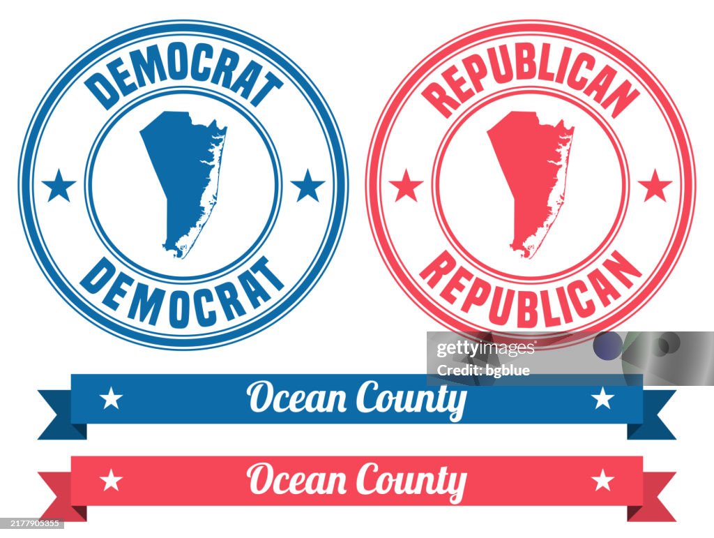 Condado de Ocean, Nova Jersey. Mapa no carimbo de borracha com bandeira