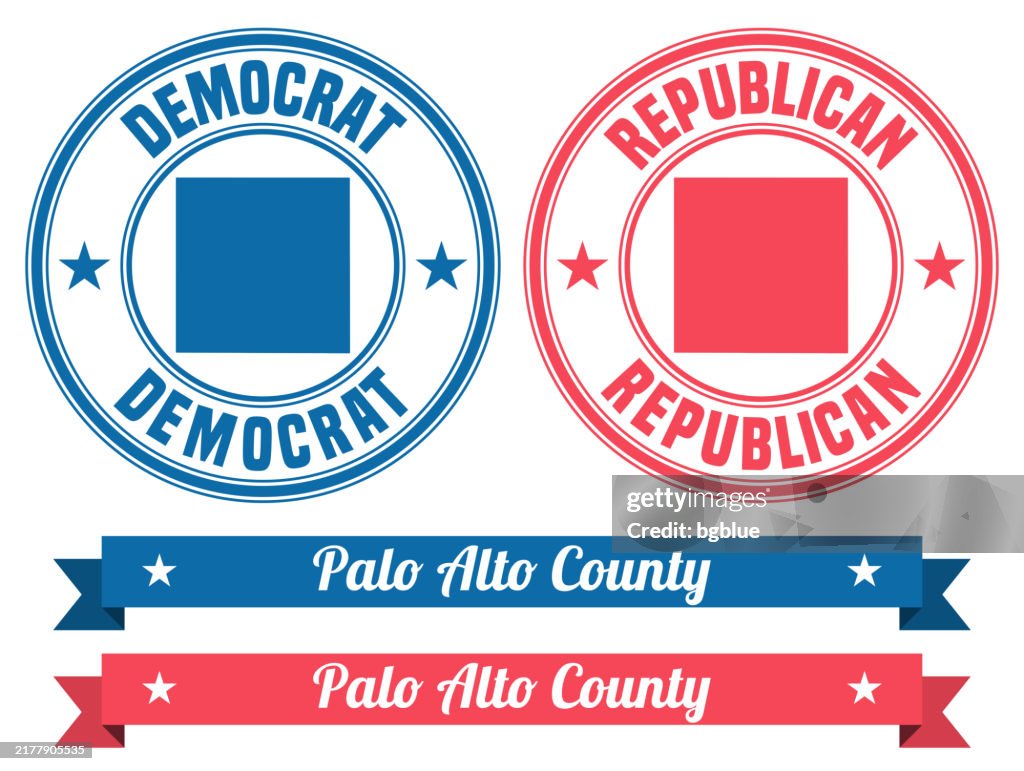 Palo Alto County, Iowa. Map on rubber stamp with banner