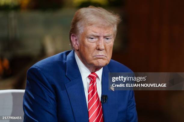 Former US President and Republican presidential candidate Donald Trump attends a Fox News Townn Hall moderated by US television host Harris Faulkner...
