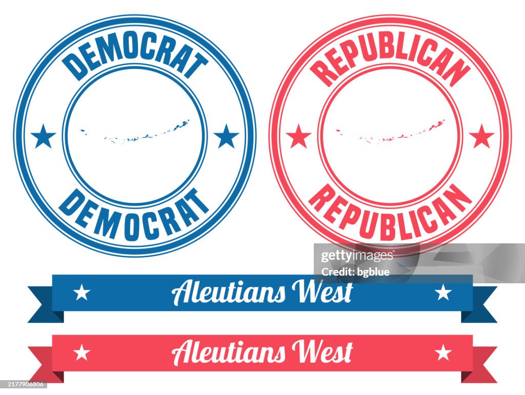 Aleutians West, Alaska. Map on rubber stamp with banner
