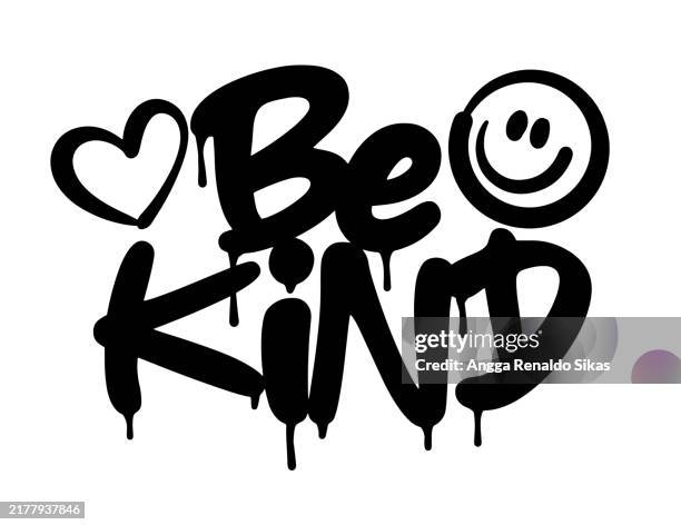 sei freundlich slogan graffiti schwarz sprühfarbe typografie mit emoji und herzsymbolen isoliert auf weiß - kindness stock-grafiken, -clipart, -cartoons und -symbole