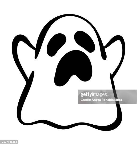 ilustraciones, imágenes clip art, dibujos animados e iconos de stock de divertido dibujo fantasma en blanco y negro aislado en blanco - fantasma