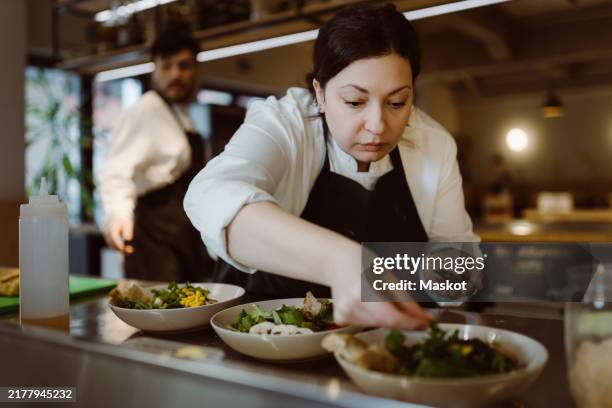 focused female chef garnishing salad with cilantro in commercial kitchen - garnish stock pictures, royalty-free photos & images