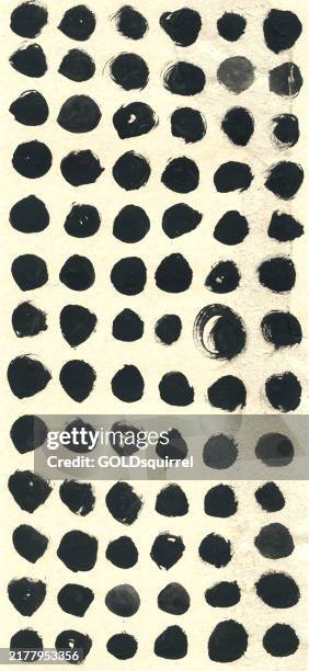 uneven carelessly hand painted black dots on piece of old paper - single round elements in a row - illustration in vector - unique paper background with round doodles, paint spots, irregular buttons, circles - irregular circle pattern stock illustrations