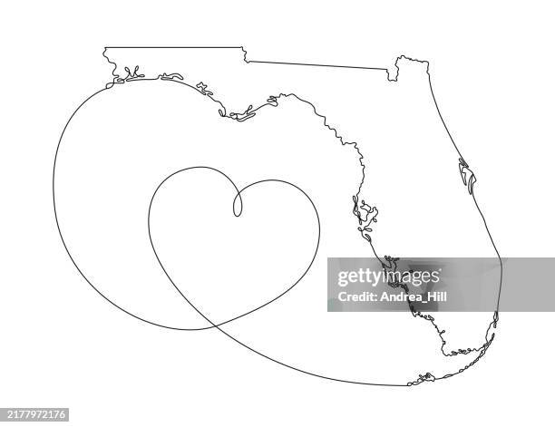 continuous line drawing of florida with a heart and editable stroke - 2024 hurricane helene stock illustrations