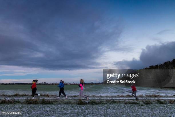women running through the countryside at dawn - weather stock pictures, royalty-free photos & images