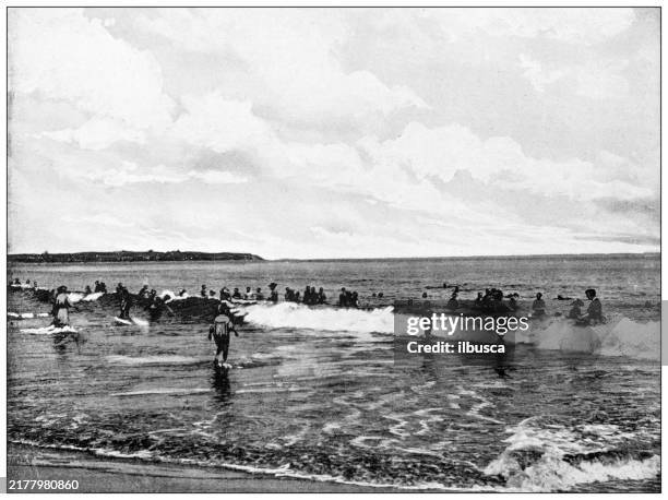 history and landmarks of usa: surf bathing, block island - block island stock illustrations