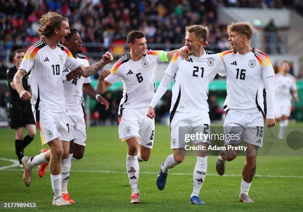 Maximilian Beier of Germany is congratulated by Eric Martel after scoring the first goal during the U21 Germany v U21 Bulgaria UEFA Under21 EURO...