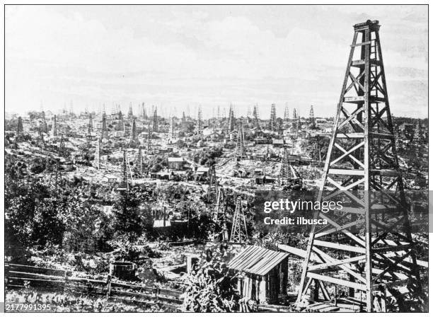 history and landmarks of usa: oil petroleum wells - oil field stock illustrations