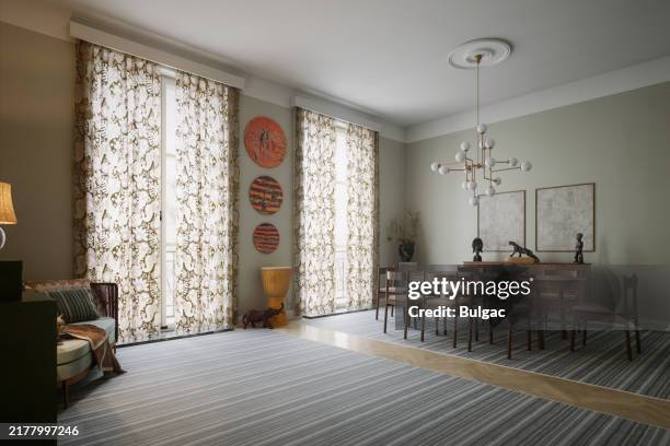 stylish dining room with ethnic decor accents - fitting stockfoto's en -beelden
