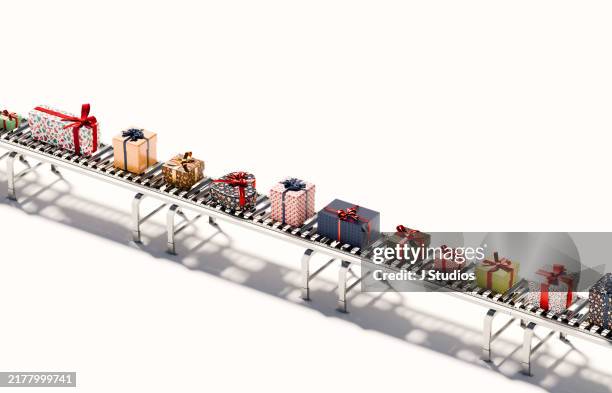 conveyor belt with various christmas gifts - sort cards stock pictures, royalty-free photos & images