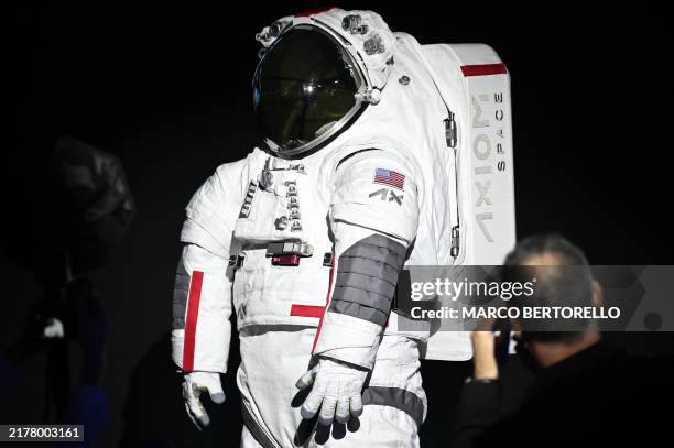 The AxEMU suit is pictured during a press conference of Prada and Axiom Space, as part of the presentation of the Axiom Extravehicular Mobility Unit...