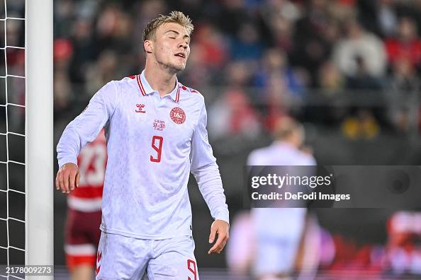 Rasmus Højlund of Denmark looks dejected during the UEFA Nations ...