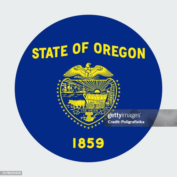oregon state flag, vector circle icon - oregon state flag stock illustrations