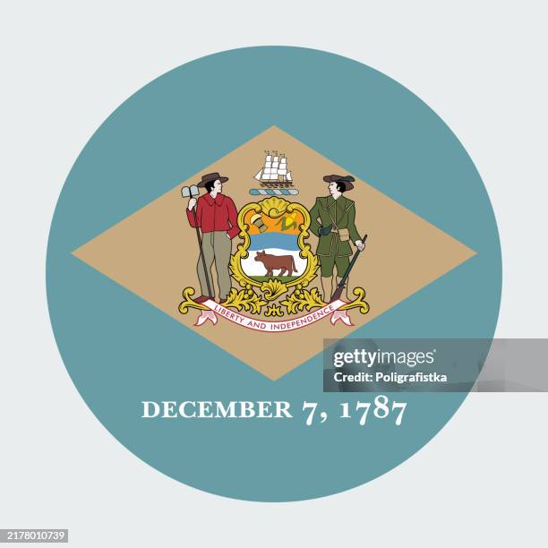 stockillustraties, clipart, cartoons en iconen met delaware state flag, vector circle icon - vlag van de staat delaware