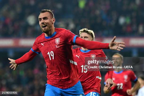 Tomas Chory of Czechia celebrates scoring his team's second goal during the UEFA Nations League 2024/25 League B Group B1 match between Czechia and...