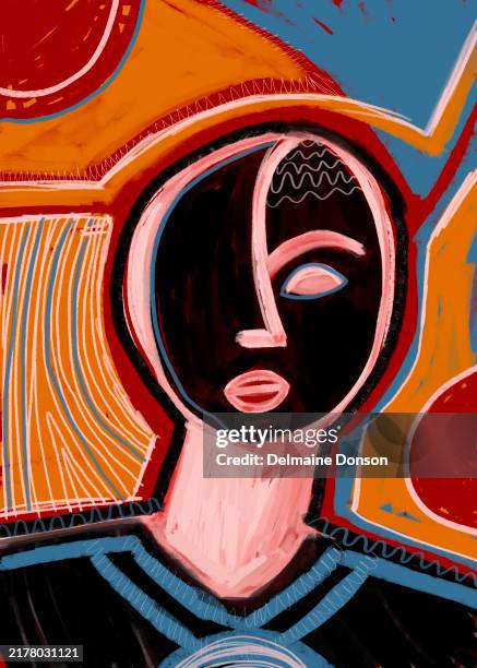 ilustraciones, imágenes clip art, dibujos animados e iconos de stock de una pintura digital abstracta de estilo africano de una cara - arte minimalista