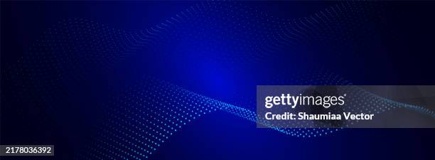 modern blue flowing wave dotted particle on dark baclground - website header stock illustrations