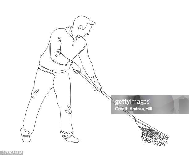 mann harkt blätter. rahmen des einzeiligen zeichnungsstils mit bearbeitbaren strich- und farbelementen - ein mann allein stock-grafiken, -clipart, -cartoons und -symbole
