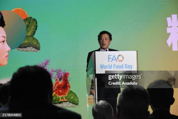 Director-General Qu Dongyu speaks during a ceremony took place at the Food and Agriculture Organization headquarters in celebration of World Food Day...