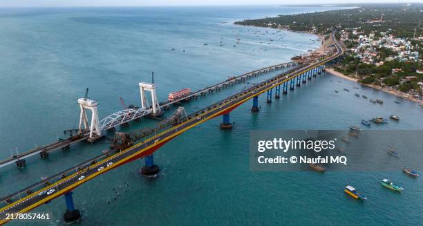 aerial view of pamban bridge, rameswaram, tamil nadu, india - tamil nadu stock pictures, royalty-free photos & images