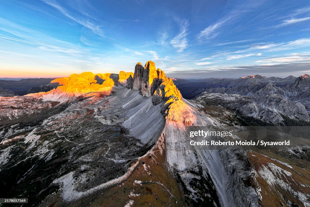Aerial view of Tre Cime Di Lavaredo in autumn