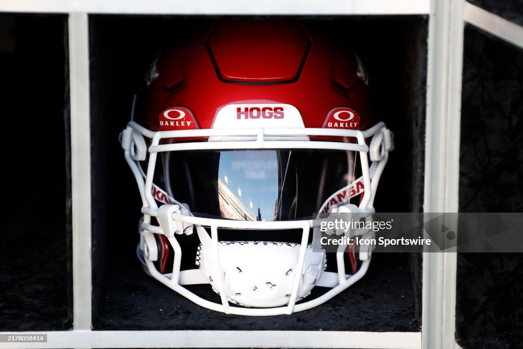 An Arkansas Razorbacks helmet before the college football game