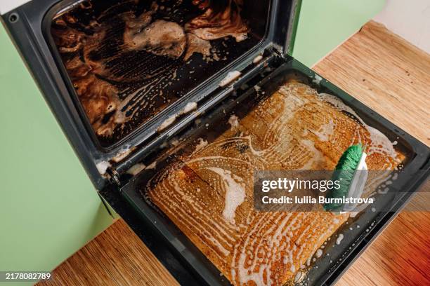 greasy oven cleaning in progress with scrubbing brush - horno fotografías e imágenes de stock