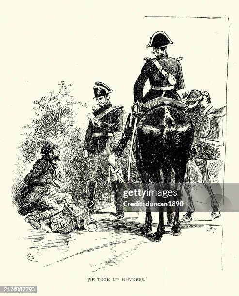 french soldiers, police questioning a itinerant salesman or homeless man, victorian, 19th century style. 1890s - tinker horse stock illustrations