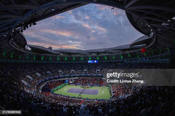 General Views of Jannik Sinner of Italy returns a shot in the Men's Singles semifinals match against Tomas Machac of the Czech Republic on Day 13 of...