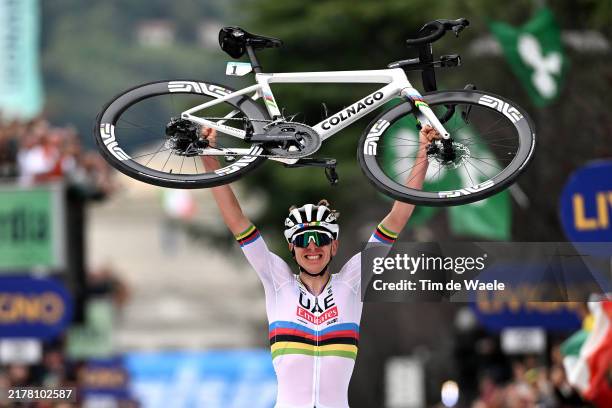 Tadej Pogacar of Slovenia and UAE Team Emirates celebrates at finish line as race winner during the 118th Il Lombardia 2024 a 255km one day race from...