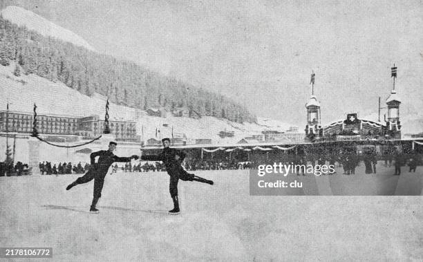 figure skater in davos, two men - ice skating stock illustrations