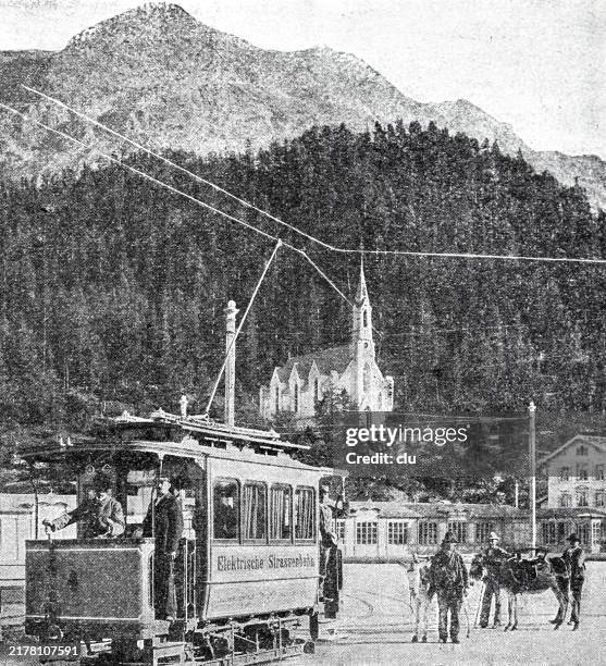 st. moritz tram - swiss train stock illustrations