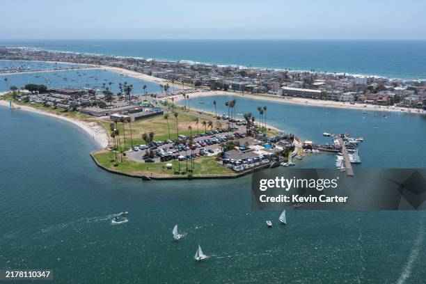 In an aerial view, boaters sail in Sail Bay in Mission Bay in the Pacific Beach neighborhood on July 27, 2024 in San Diego, California.
