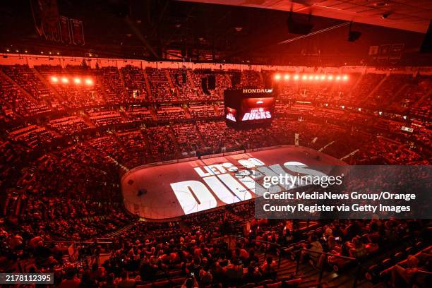 Anaheim, CA The Anaheim Duck's new pregame on-ice projection system before the start of their home opener against The Utah Hockey Club at the Honda...