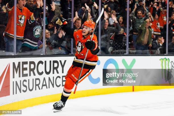 Leo Carlsson of the Anaheim Ducks celebrates his game winning goal against the Utah Hockey Club in overtime at Honda Center on October 16, 2024 in...