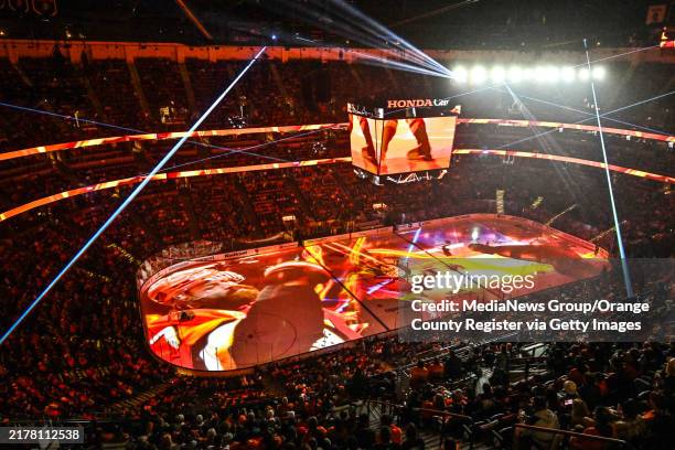 Anaheim, CA The Anaheim Duck's new pregame on-ice projection system before the start of their home opener against The Utah Hockey Club at the Honda...