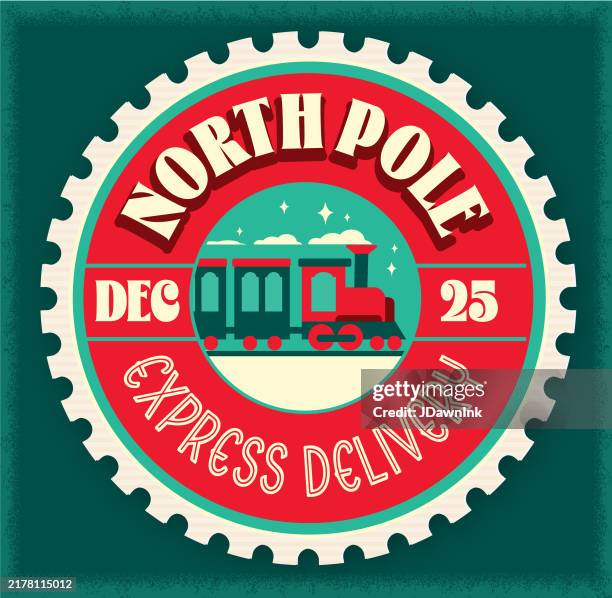 illustrazioni stock, clip art, cartoni animati e icone di tendenza di timbro circolare con treno di natale consegna espressa al polo nord con treno - timbro postale