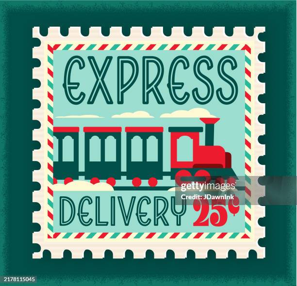 christmas train express delivery postage stamp with train and snowy scene - christmas train stock illustrations