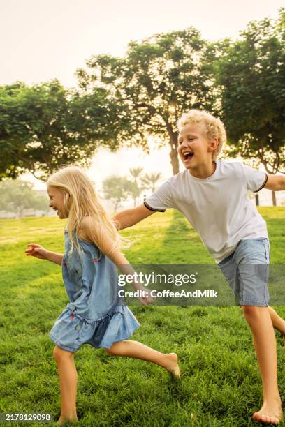 a joyful chase: siblings playing in the golden sunlight - milk run stock pictures, royalty-free photos & images